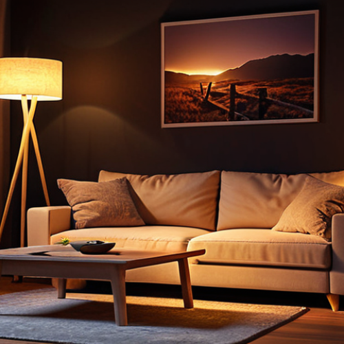 Home 4 **
Interior design, cozy living room at night, warm lighting, indirect lighting highlighting textures, a floor lamp next to a sofa, inviting atmosphere, focus on relaxation.
**