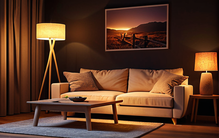 **

Interior design, cozy living room at night, warm lighting, indirect lighting highlighting textures, a floor lamp next to a sofa, inviting atmosphere, focus on relaxation.

**
